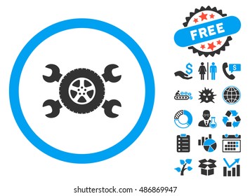 Tire Service pictograph with bonus design elements. Vector illustration style is flat iconic bicolor symbols, blue and gray colors, white background.