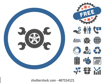 Tire Service pictograph with free bonus pictures. Vector illustration style is flat iconic bicolor symbols, cobalt and gray colors, white background.