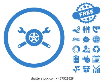 Tire Service pictograph with free bonus images. Vector illustration style is flat iconic symbols, cobalt color, white background.