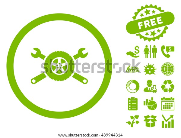 Tire Service pictograph with free bonus\
pictogram. Vector illustration style is flat iconic symbols, eco\
green color, white\
background.