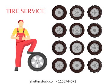 Tire service poster with worker showing thumb up as symbol of good job. Well done sign of man wearing uniform working with rubber car wheels vector