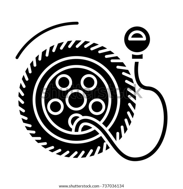 tire service with pump - tire\
pressure icon, vector illustration, black sign on isolated\
background