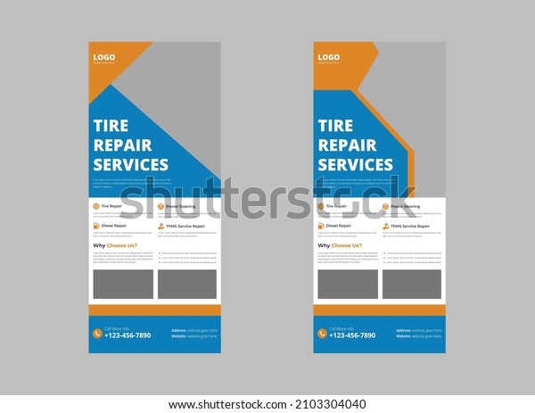 Tire service roll up banner template.\
Automotive poster leaflet design. Car tire repair service banner\
template. cover, poster,\
print-ready