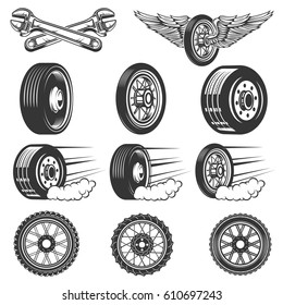 Tire service. Set of car tires illustrations isolated on white background. Design elements for logo, label, emblem, sign.Vector illustration