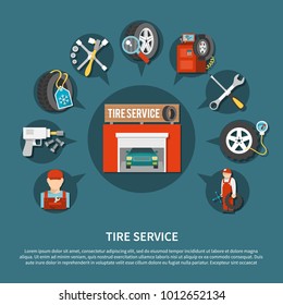 Tire service tools for repairing vehicles and various car parts flat concept vector illustration