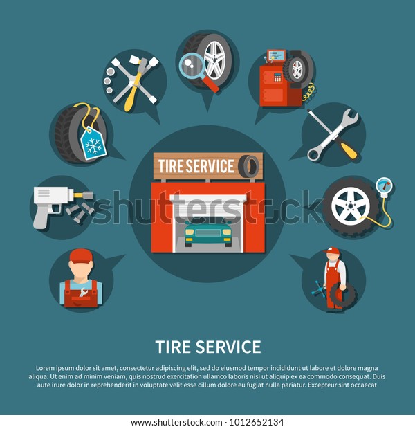 Tire service tools for\
repairing vehicles and various car parts flat concept vector\
illustration