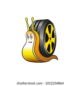 Tire service vector conceptual illustration. A snail and a car wheel on the back.