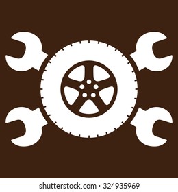 Tire Service vector icon. Style is flat symbol, white color, rounded angles, brown background.
