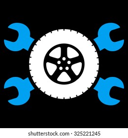 Tire Service vector icon. Style is bicolor flat symbol, blue and white colors, rounded angles, black background.