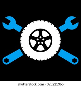 Tire Service vector icon. Style is bicolor flat symbol, blue and white colors, rounded angles, black background.