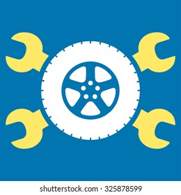 Tire Service vector icon. Style is bicolor flat symbol, yellow and white colors, rounded angles, blue background.