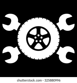 Tire Service vector icon. Style is flat symbol, white color, rounded angles, black background.