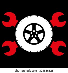 Tire Service vector icon. Style is bicolor flat symbol, red and white colors, rounded angles, black background.