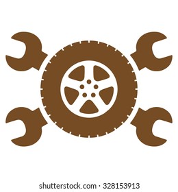 Tire Service vector icon. Style is flat symbol, brown color, rounded angles, white background.