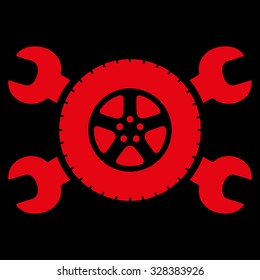 Tire Service vector icon. Style is flat symbol, red color, rounded angles, black background.