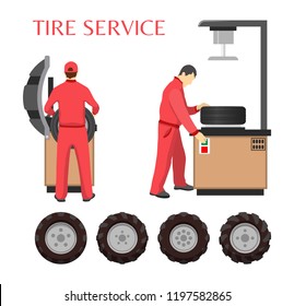 Tire service, vector poster in cartoon style. Workers in uniform, computer and control panel for diagnostic, in process of repairing wheels with tools