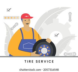 TIRE SERVICE - Work uniform mechanic is servicing tires. Male cartoon character repairing the car in garage workshop. Vector illustration