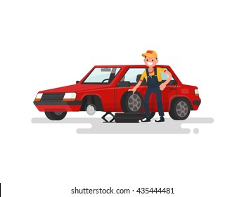 Tire service. Worker changing a punctured tire a passenger car. Vector illustration of a flat design