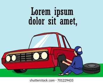 Tire service. Worker changing a punctured tire car. flat vector design