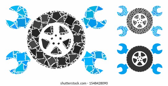 Tire service wrenches composition of unequal parts in different sizes and color tinges, based on tire service wrenches icon. Vector rough parts are composed into composition.