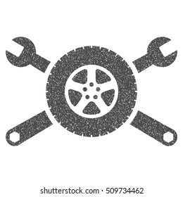 Tire Service Wrenches grainy textured icon for overlay watermark stamps. Flat symbol with unclean texture. Dotted vector gray ink rubber seal stamp with grunge design on a white background.