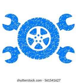 Tire Service Wrenches grainy textured icon for overlay watermark stamps. Flat symbol with unclean texture. Dotted vector blue ink rubber seal stamp with grunge design on a white background.