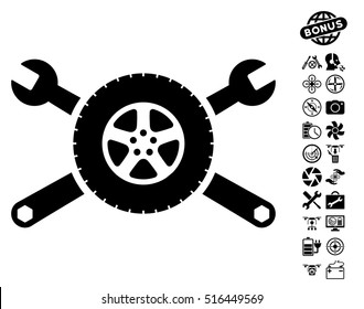 Tire Service Wrenches Icon With Bonus Copter Tools Pictograms. Vector Illustration Style Is Flat Iconic Symbols On White Background.