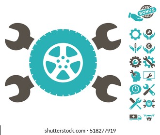 Tire Service Wrenches icon with bonus tools pictures. Vector illustration style is flat iconic grey and cyan symbols on white background.