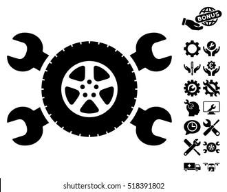 Tire Service Wrenches icon with bonus settings icon set. Vector illustration style is flat iconic black symbols on white background.