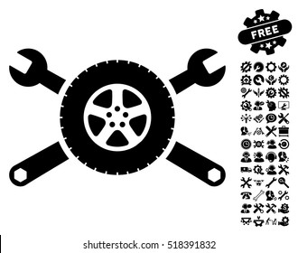 Tire Service Wrenches Icon With Bonus Tools Design Elements. Vector Illustration Style Is Flat Iconic Black Symbols On White Background.