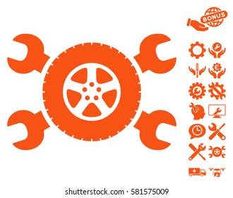 Tire Service Wrenches icon with bonus service pictograph collection. Vector illustration style is flat iconic orange symbols on white background.