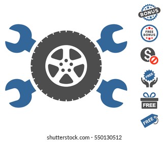 Tire Service Wrenches icon with free bonus icon set. Vector illustration style is flat iconic symbols, cobalt and gray colors, white background.