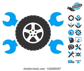 Tire Service Wrenches pictograph with bonus options symbols. Vector illustration style is flat iconic blue and gray symbols on white background.