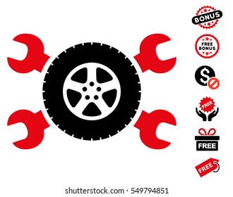 Tire Service Wrenches pictograph with free bonus clip art. Vector illustration style is flat iconic symbols, intensive red and black colors, white background.
