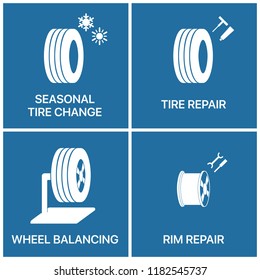 Tire Services Icons: Seasonal Tire Change, Tire Repair, Wheel Balancing, Rim Repair.