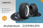 The tire set of the car is on the road. Advertising banner. A bunch of wheels against the color background. Web design. Promotion. Advertising for the sale of winter and summer wheels.