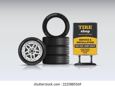 Tire set. Maintenance and installation. Side view of a car tire with an alloy wheel, caliper and brake disc. Portable billboard. Stack of rubber wheels. Wheel shop. Discounts, promotions.