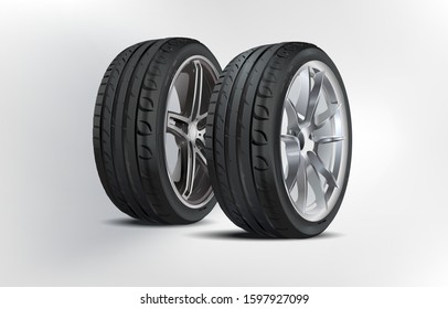 Tire set: Matte Black tubeless low profile tyre on the shiny silver drive, isolated on white background. High quality realistic wheel. High detail new 2 tyres. Car tires with different tread marks.