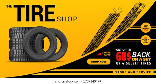 Tire shop, auto service and car wheel tyre store vector design. Pile of automobile black rubber tires advertising banner with tracks of wheel trade and discount price offer