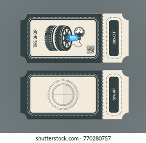Tire shop coupon, discount. Voucher ticket card. Coupon on auto service and maintenance, tire repair, swapping wheel replacement, car diagnostics. Vector illustration isolated.