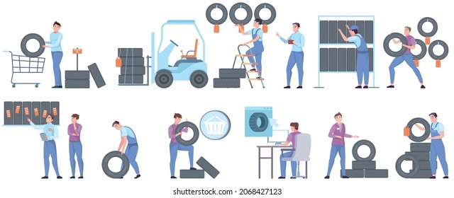 Tire shop flat icons set of visitors buying new wheels and staff serving customers isolated vector illustration