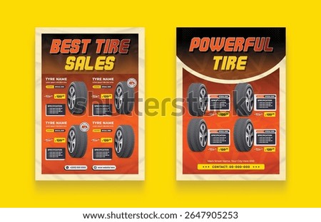 Tire shop flyer bundle with discount offer. Car tire sale flyer, tire catalog. Realistic tires vector illustration template