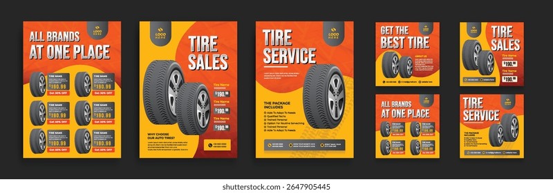Panfleto de loja de pneus e pacote de banner web com oferta de desconto. Flyer de venda de pneus de carro, catálogo de pneus e post de mídia social. Modelo de ilustração de vetor de pneus realistas