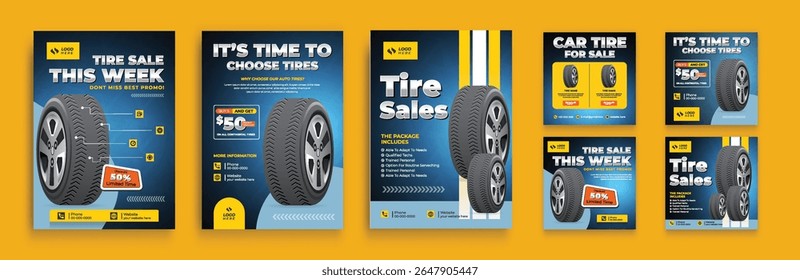 Tire shop flyer and web banner bundle with discount offer. Car tire sale flyer, tire catalog and social media post. Realistic tires vector illustration template