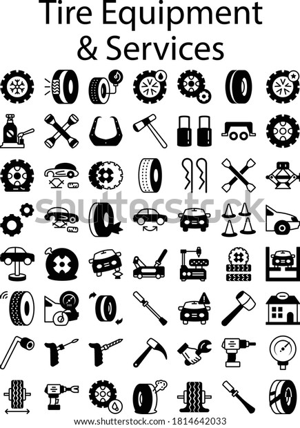 Tire Shop Icons Set, Vehicle Alignment Service\
Center Tool Vector, Auto Service Center Instruments Design, Wheel\
Store Elements on white\
background
