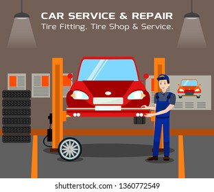 Tire Shop and Service Flat Vector Banner Template. Wide Range Vehicle Maintenance Typography. Tire Fitting, Car Service Advertising Poster Layout. Cartoon Mechanic Adjusting Tyre in Garage, Station