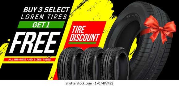 Tire shop, spare parts and auto service discount promotion design. 
Tire shop vector banner of car wheel tyres with tread track price offer. Editable graphic layout. Black Friday sale.