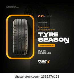 Tire shop, spare parts and auto service discount promotion design. Editable graphic layout. Black Friday sale. Tire shop vector banner of car wheel tyres with tread track price offer.	
