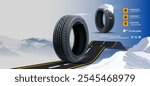 Tire shop vector banner of car wheel tyres with tread track price offer. Tire shop, spare parts and auto service discount promotion design. Editable graphic layout. Winter sale.