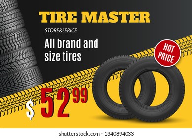 Tire shop vector banner of car wheel tyres with tread track and sale price offer. Tire shop, spare parts and auto service discount promotion design svg